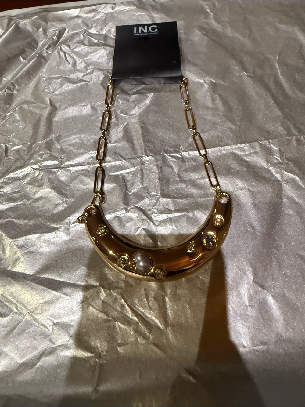 NWT INC International Concepts Gold Crescent Pearl & Crystal Statement Necklace